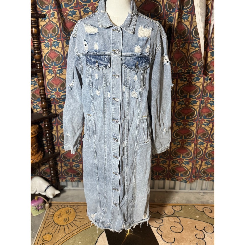 Veveret‎ Denim Duster Jacket 2XL Longline Distressed Jean Coat Oversized